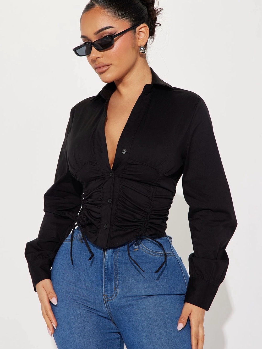 Fashion Nova Black Ruched Button-Front Shirt